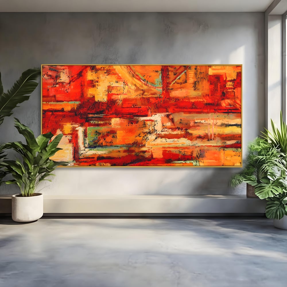 Tablou canvas cu pictura abstracta cu texturi in tonuri de rosu, in rama de aluminiu auriu